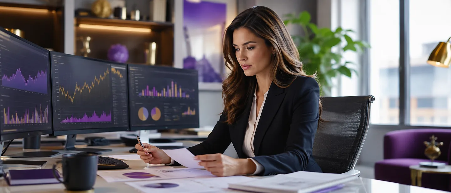 American businesswoman reviewing analytics reports beside multiple dashboard screens