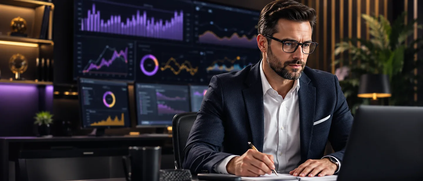 American business professional analyzing performance dashboards in a modern office