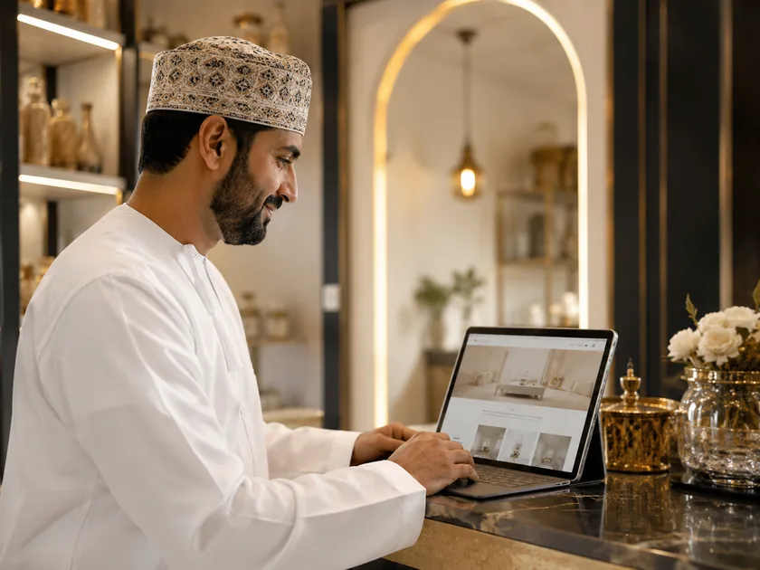 Oman business owner reviewing a landing page on a laptop