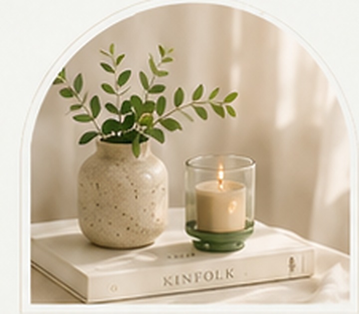 Minimal boutique still life with leaves and candle